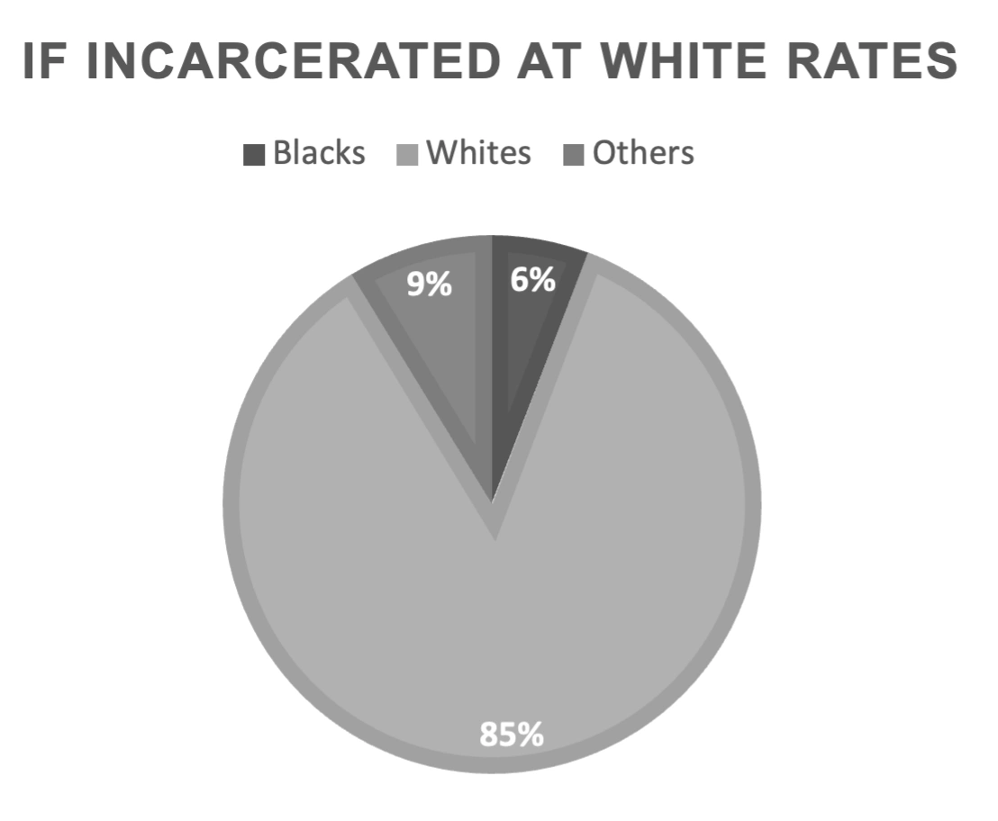 This pie chart shows if we imprisoned Blacks at the White rate, the result would be almost none in prison.