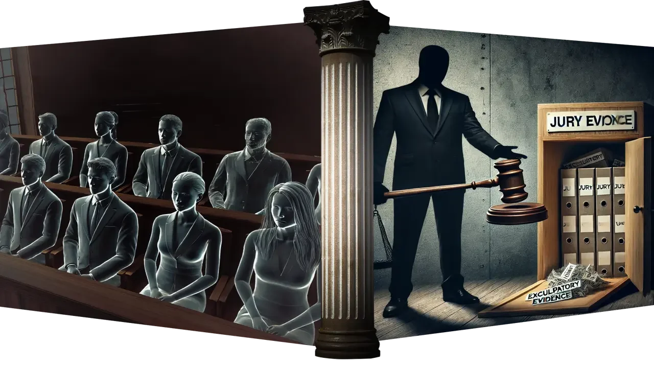 An eerie image of a ghostly present jury, separated by a pillar of justice with black consuming it, and on the other side is the ubiquitous dark shadowy government figure locking away exculpatory evidence in a vault