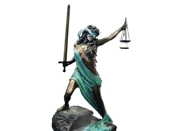 Justitia armed for battle with a sword while holding out the scales as a warning that justice will be correcting racial injustice