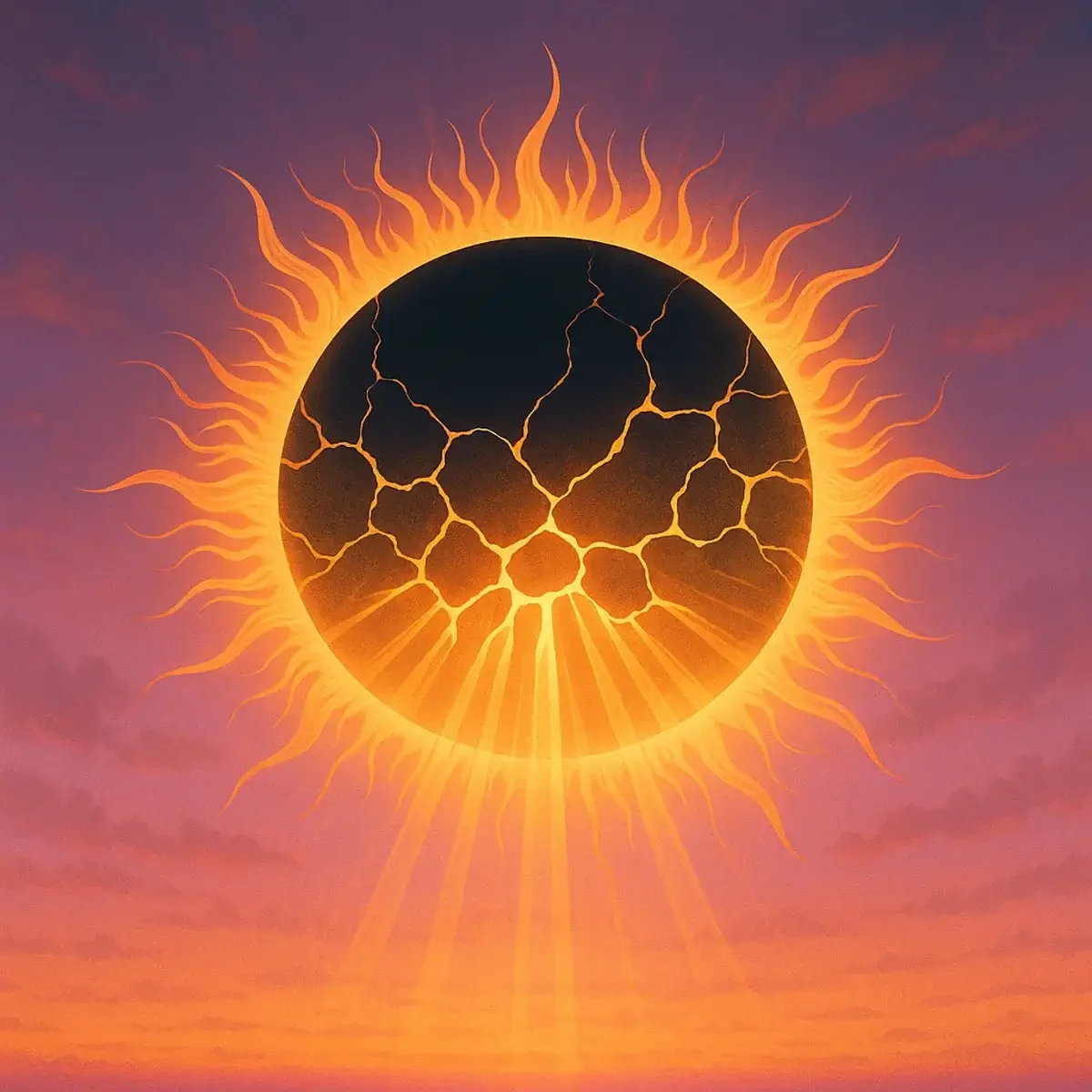Key to Surving Injustice Light A glowing solar eclipse with chain-link shaped cracks at sunrise. Golden light dominates the sky in warm pink and purple hues, symbolizing freedom, healing, and the resilience of survivors are opened with the kay to surviving injustice.