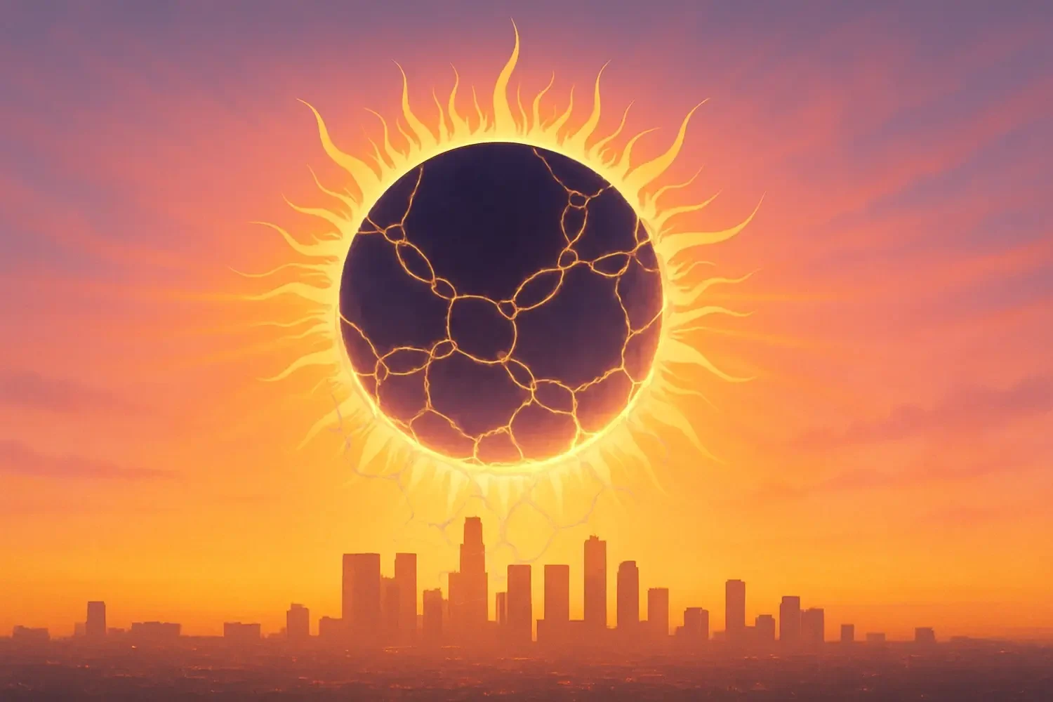 Key to Surviving Injustice2 A solar eclipse over the Los Angeles skyline at sunrise, with the dark disk fractured in chain-link shaped cracks. Golden light pours through, symbolizing unbinding, hope, and survival symbolizing the key to surviving injustice.