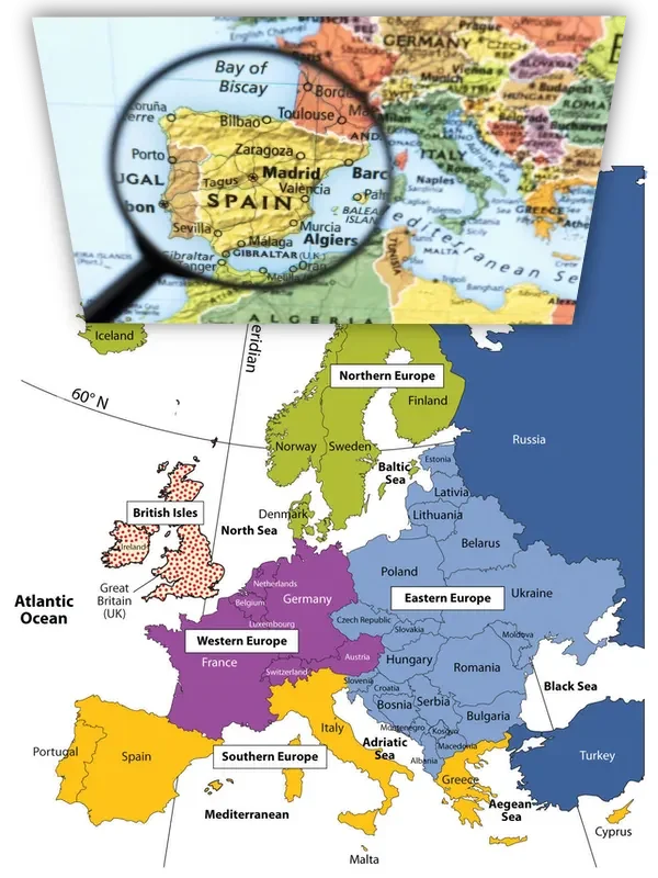 Map of Europe showing that Spain is inside of Europe and therefore Hispanic is White